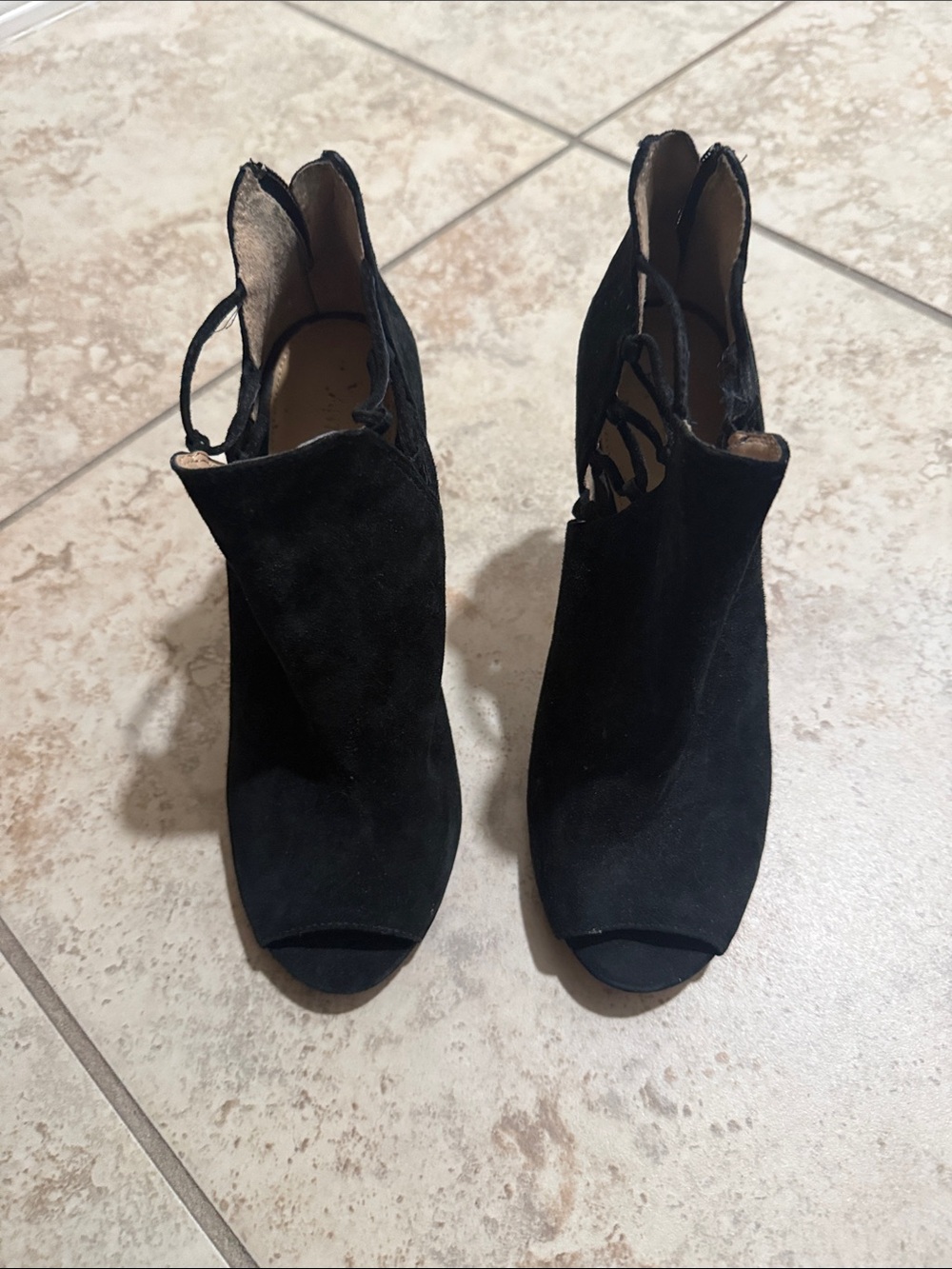 ANTONIO MELANI Black Suede Open-Toe Ankle Booties